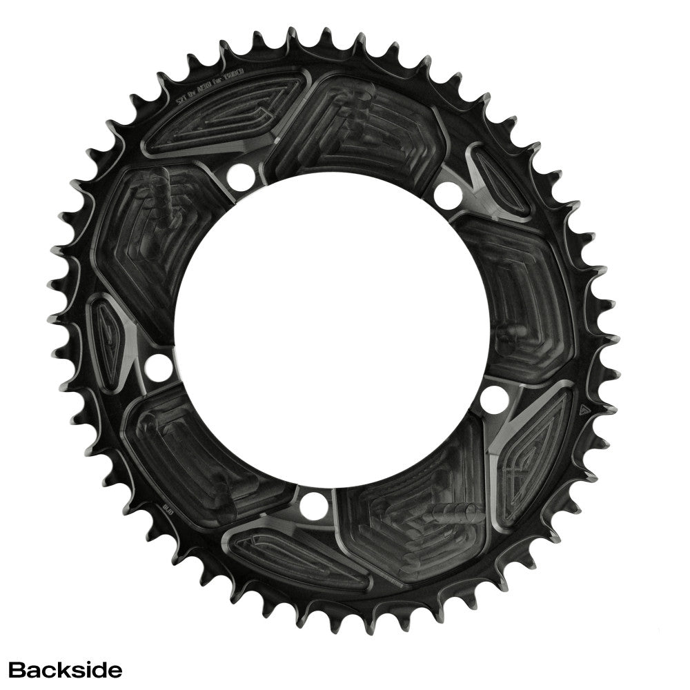 Black oval AERO ALUGEAR road chainring backside with geometric panel pattern, 130 BCD 5-bolt, 1X narrow-wide teeth