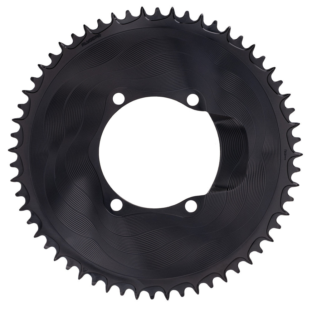 Black round ALUGEAR road chainring with wave-pattern face, 110 BCD 4-bolt Shimano asymmetric, 1X 12-speed, front view