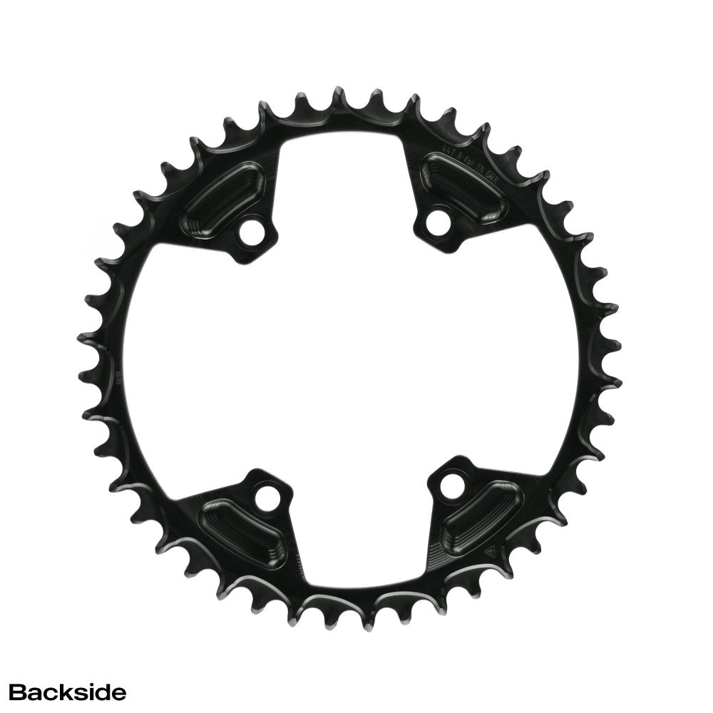 Black round ALUGEAR gravel chainring backside, 110 BCD 4-bolt Shimano GRX, geometric spoke pattern