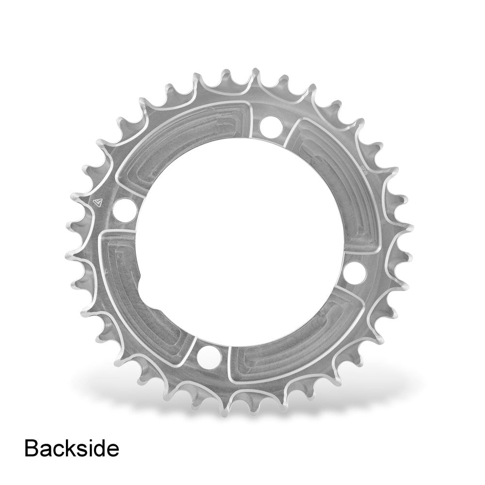 Silver natural-finish ALUGEAR round AERO MTB chainring backside, 104 BCD 4-bolt, angular topographic panel pattern