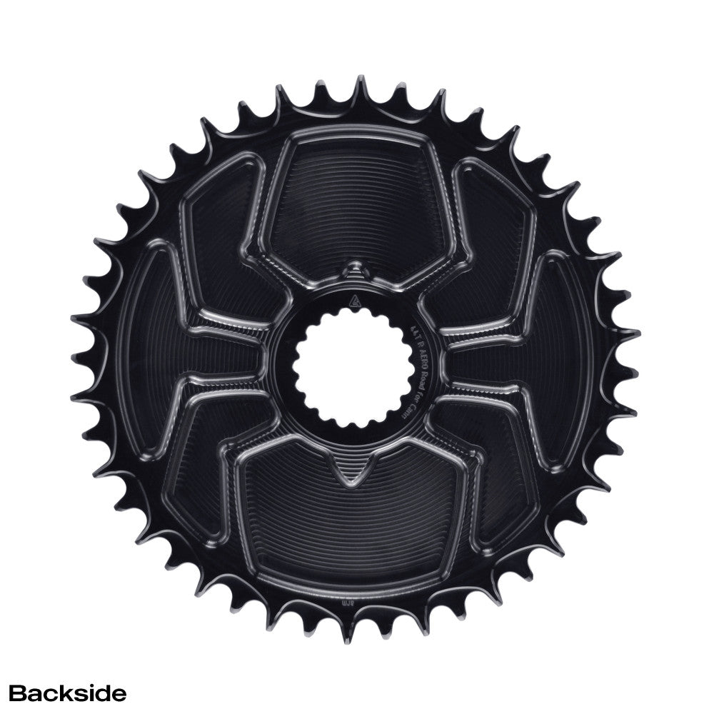 Backside of black round ALUGEAR AERO road/gravel chainring, Cannondale Hollowgram direct-mount, sculpted rib pattern