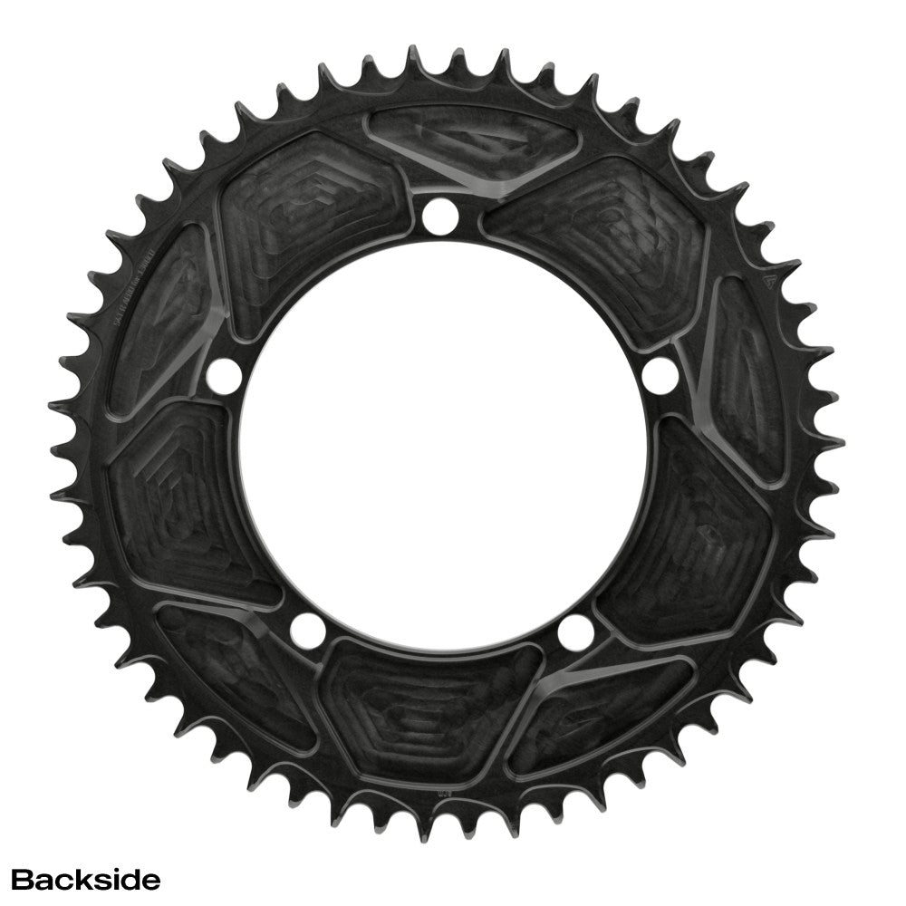 Black round AERO ALUGEAR road chainring backside with geometric panel pattern, 130 BCD 5-bolt, 1X narrow-wide teeth