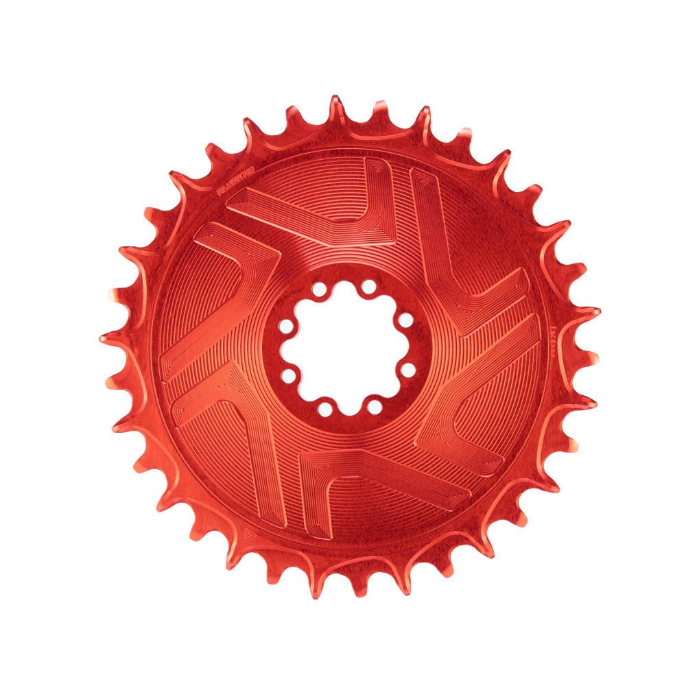 Red anodized round ALUGEAR Boost AERO MTB chainring, SRAM 8-bolt direct-mount T-Type, narrow-wide teeth