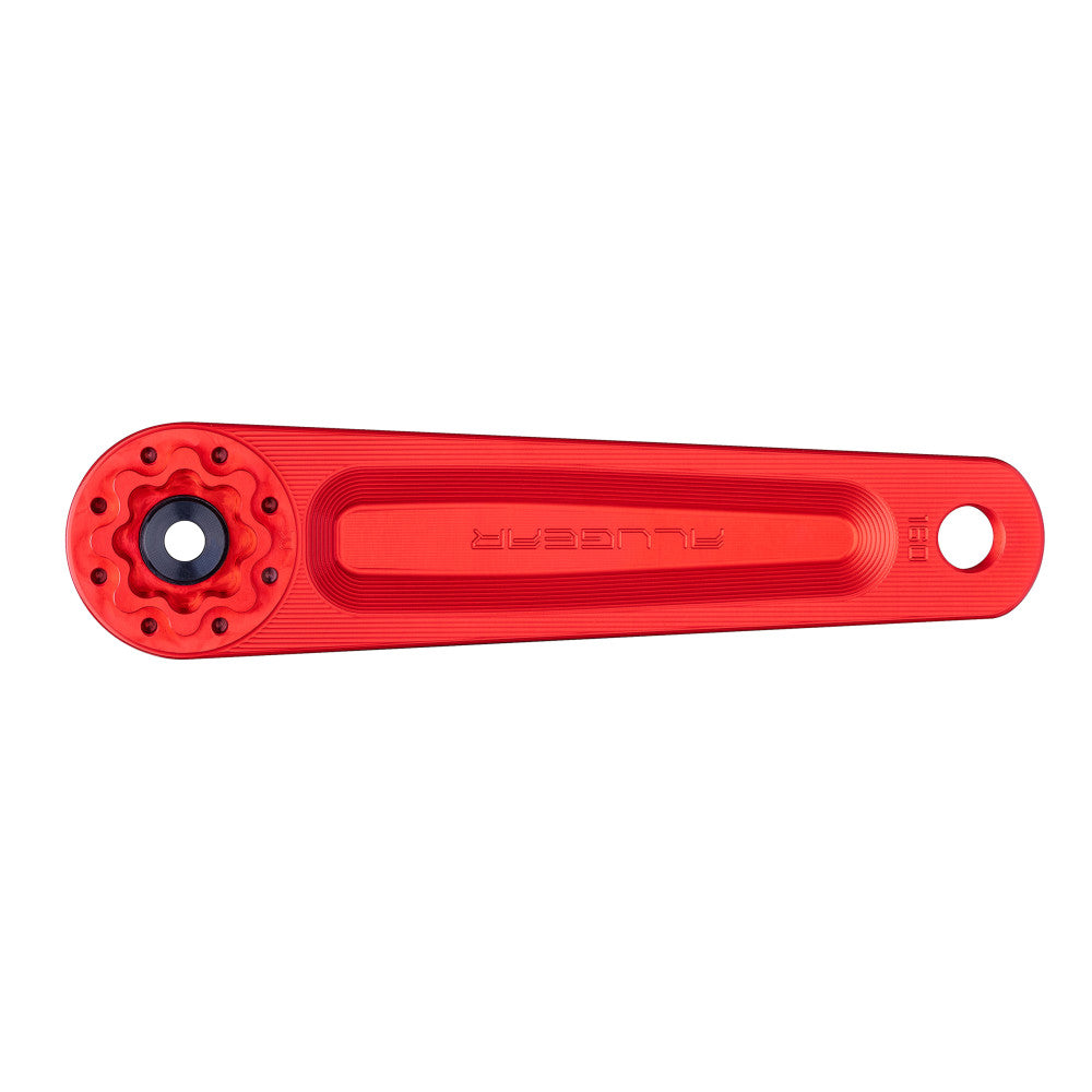 Red anodized ALUGEAR Vega AL road gravel crank arm backside, 160mm length marking, spider-side with preload ring