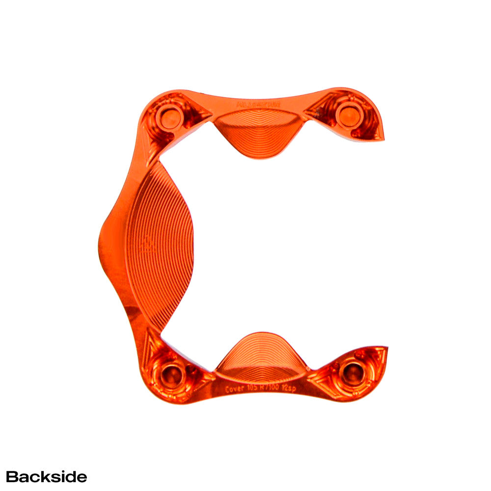 Orange anodized ALUGEAR aero cover for Shimano 105 R7100 12-speed, backside view with engraved model label