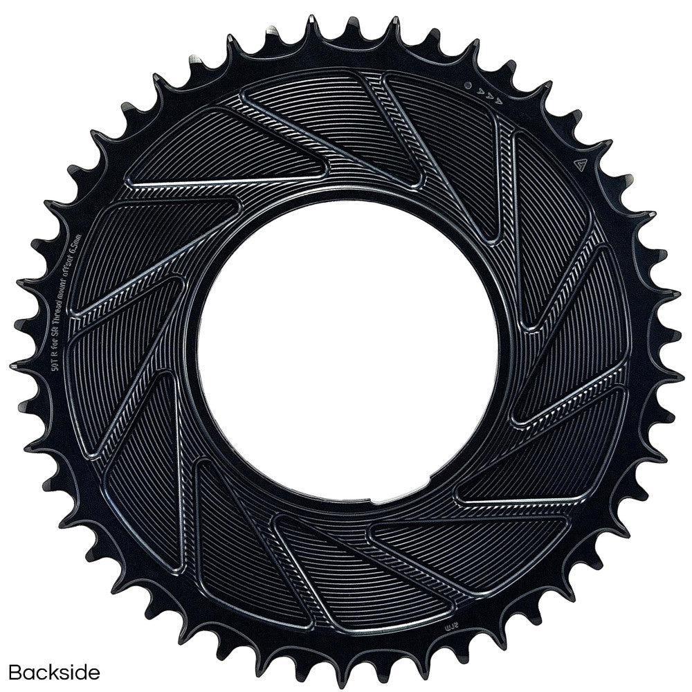Black ALUGEAR round AERO road/gravel 1X chainring backside 50T, thread mount 6.5mm offset, blade-spoke cut-out pattern