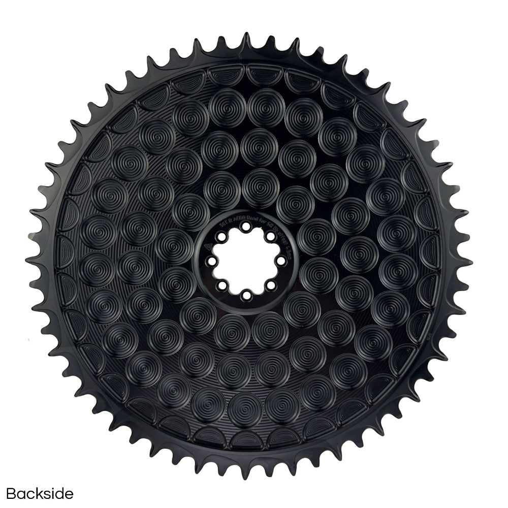 Black ALUGEAR round AERO Golf Ball 1X chainring backside, SRAM 8-bolt direct-mount, spiral relief cut pattern