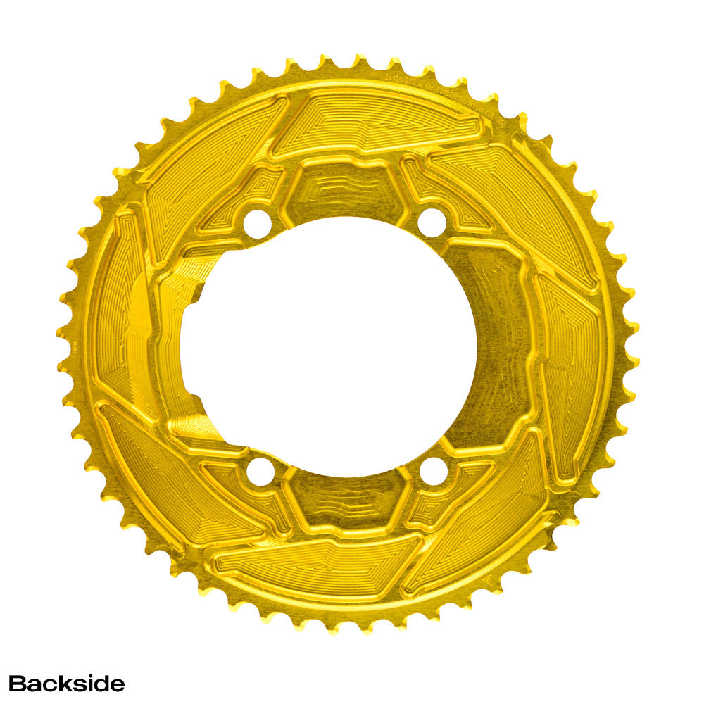 Gold anodized ALUGEAR AERO outer 2X road chainring backside, 110 BCD 4-bolt Shimano asymmetric