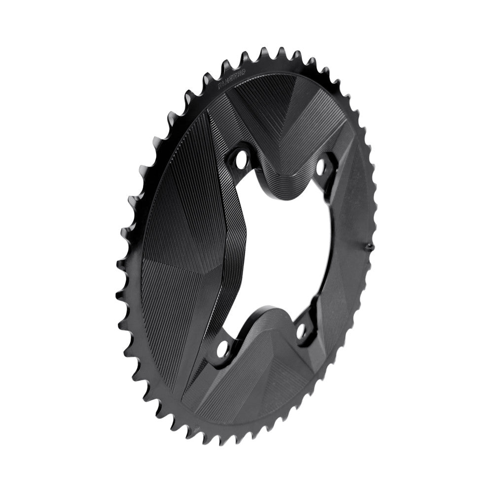 Black round ALUGEAR outer chainring for Shimano GRX 2x, angled side view showing AERO machined face