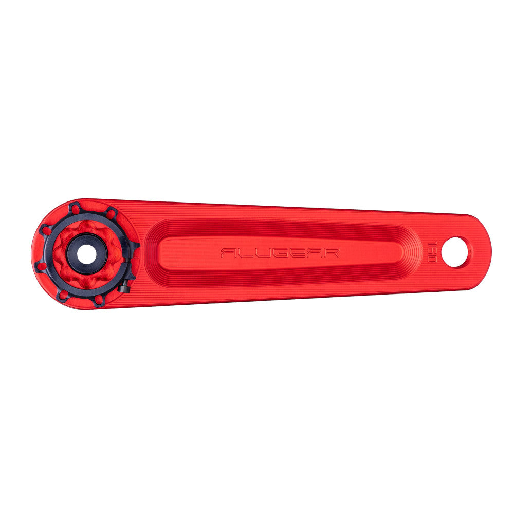 Red anodized ALUGEAR Vega AL road gravel crank arm backside, 160mm length marking, drive side with fixing bolt
