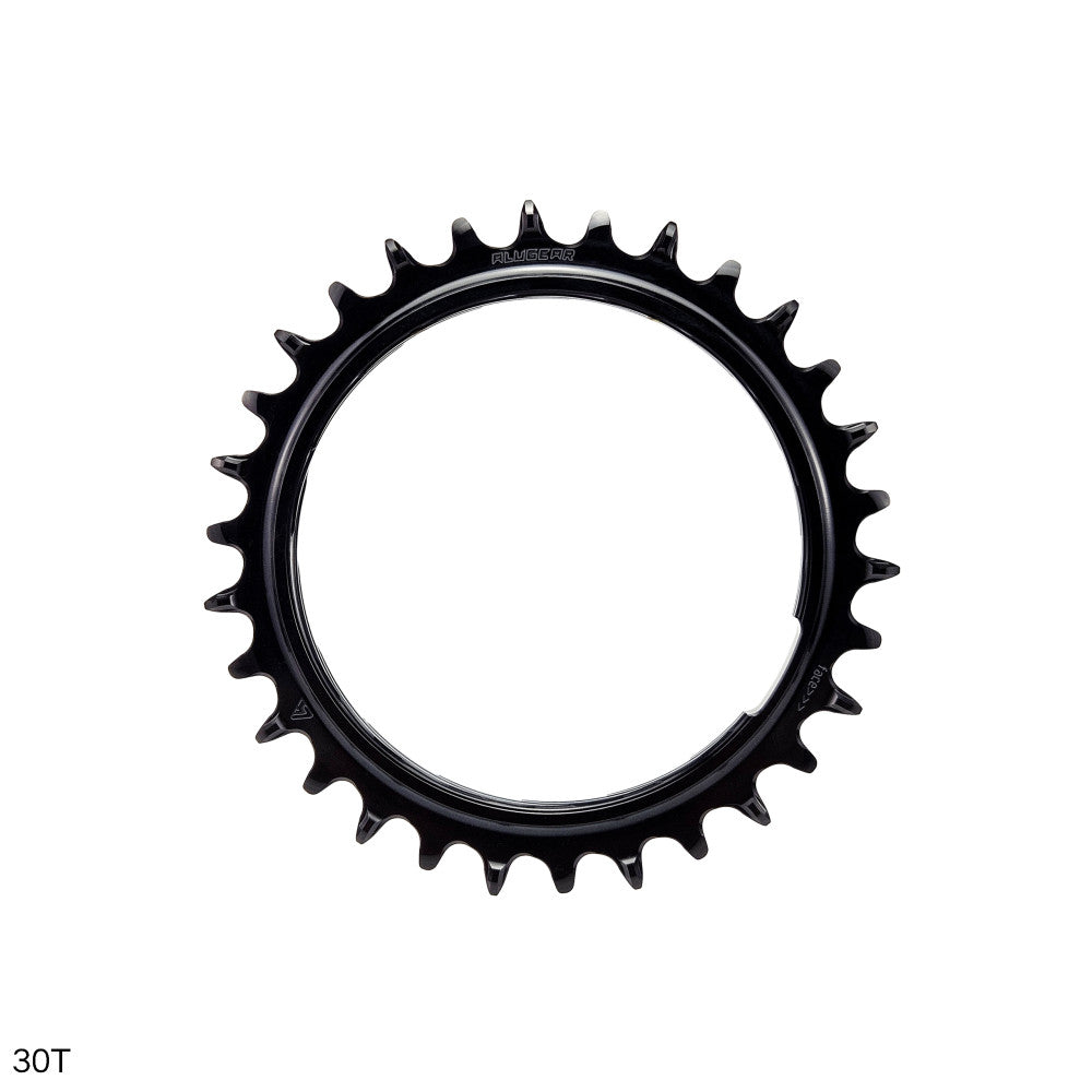 Black ALUGEAR round AERO thread-mount 1X MTB chainring, 30T, geometric triangle pattern, narrow-wide teeth