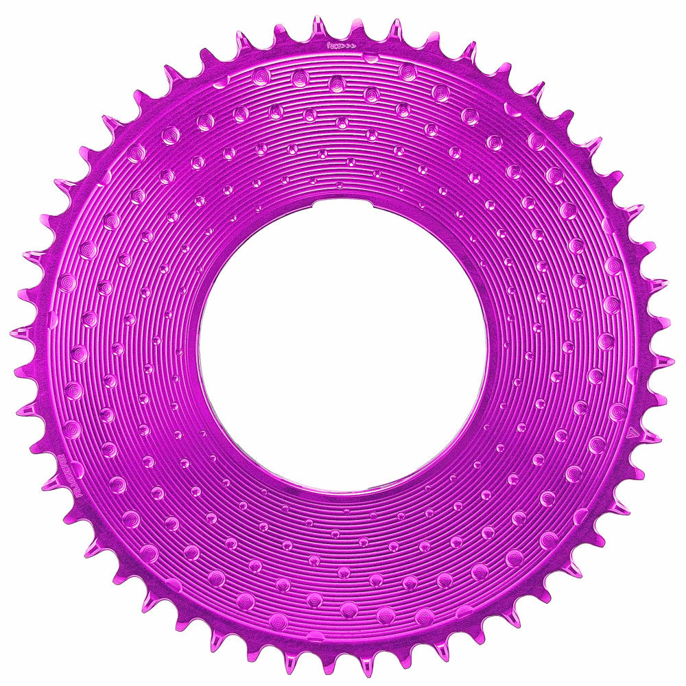 Purple anodized ALUGEAR round AERO road/gravel 1X chainring, thread mount 6.5mm offset, dot texture surface