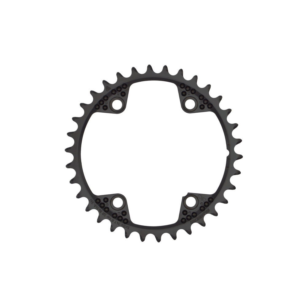 Black ALUGEAR round inner road chainring, SRAM 3-bolt direct-mount, dotted surface texture, engraved 34T
