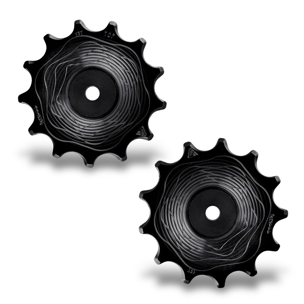 Para czarnych anodowanych rolek tylnej przerzutki AERO MTB ALUGEAR, 13T+13T, Shimano 12-rzędowy, lico z falistym frezowaniem