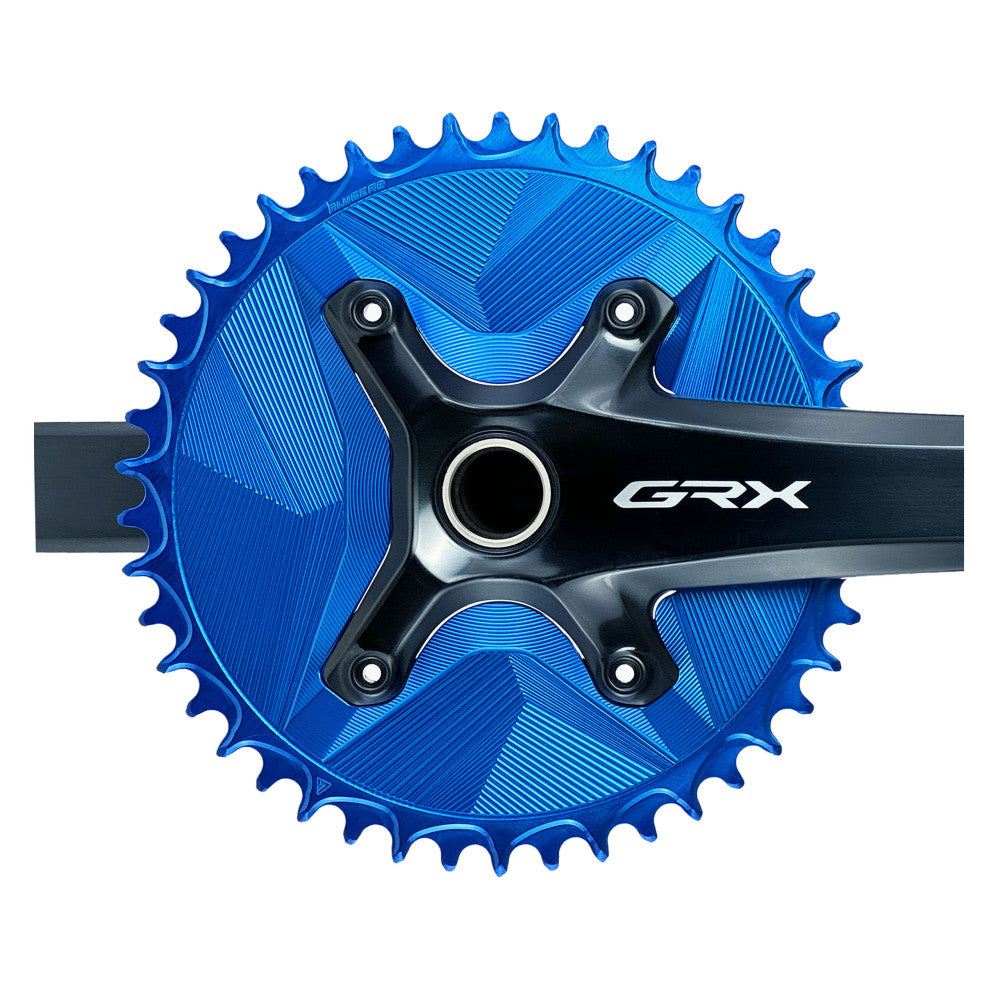 Blue anodized round ALUGEAR 1X AERO chainring installed on Shimano GRX crank, front view