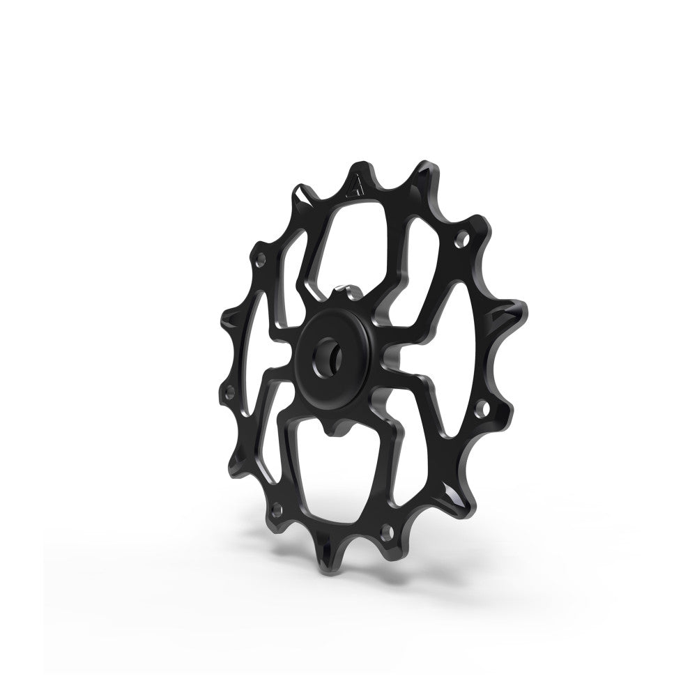 Pojedyncza czarna anodowana rolka tylnej przerzutki MTB ALUGEAR w stylu pająka, SRAM 11/12-rzędowy, widok pod kątem