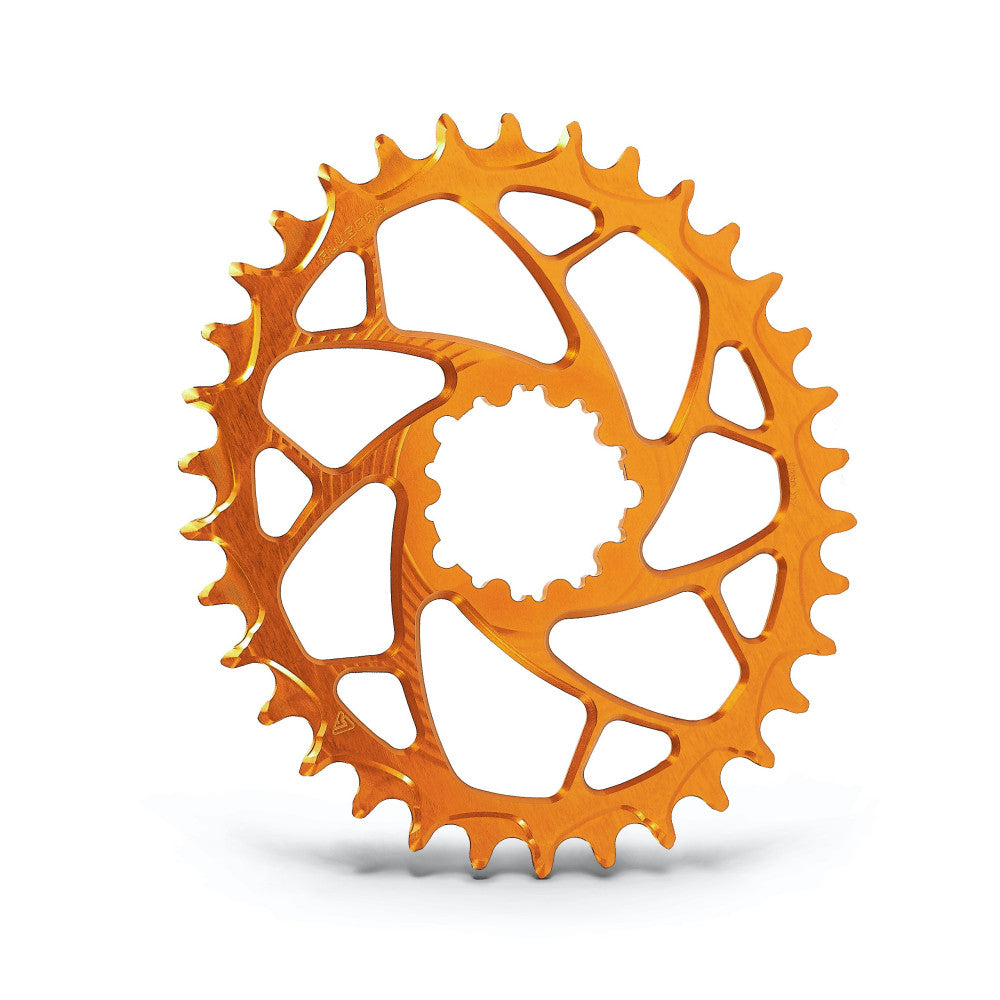 Pomarańczowa anodowana okrągła zębatka narrow-wide MTB ALUGEAR z pająkiem o spiralnych wycięciach, SRAM direct-mount Boost na 3 śruby