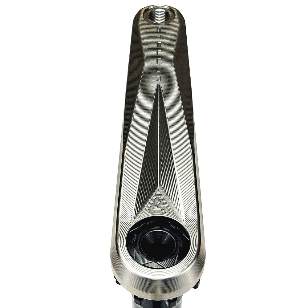 Close-up of titanium ALUGEAR Stellar Ti crank arm pedal eye showing ALUGEAR logo machined detail