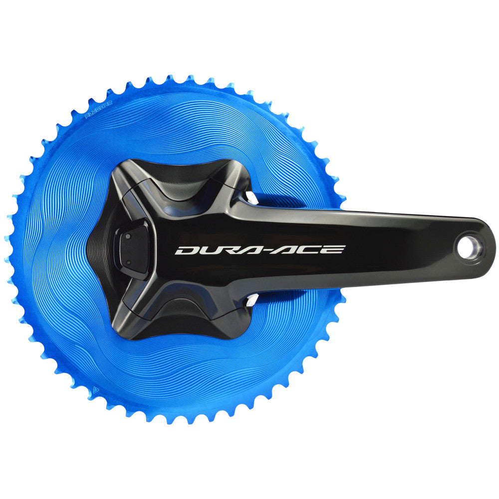 Blue anodized ALUGEAR round road outer chainring on Shimano Dura-Ace R9200 crank, 110 BCD 4-bolt asymmetric, front view