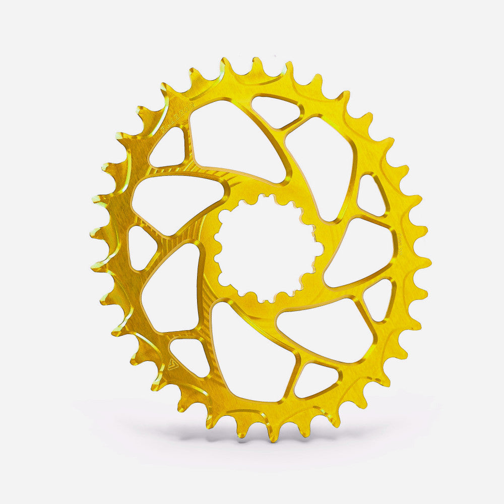 Złota anodowana okrągła zębatka narrow-wide MTB ALUGEAR z pająkiem o spiralnych wycięciach, SRAM direct-mount Boost na 3 śruby