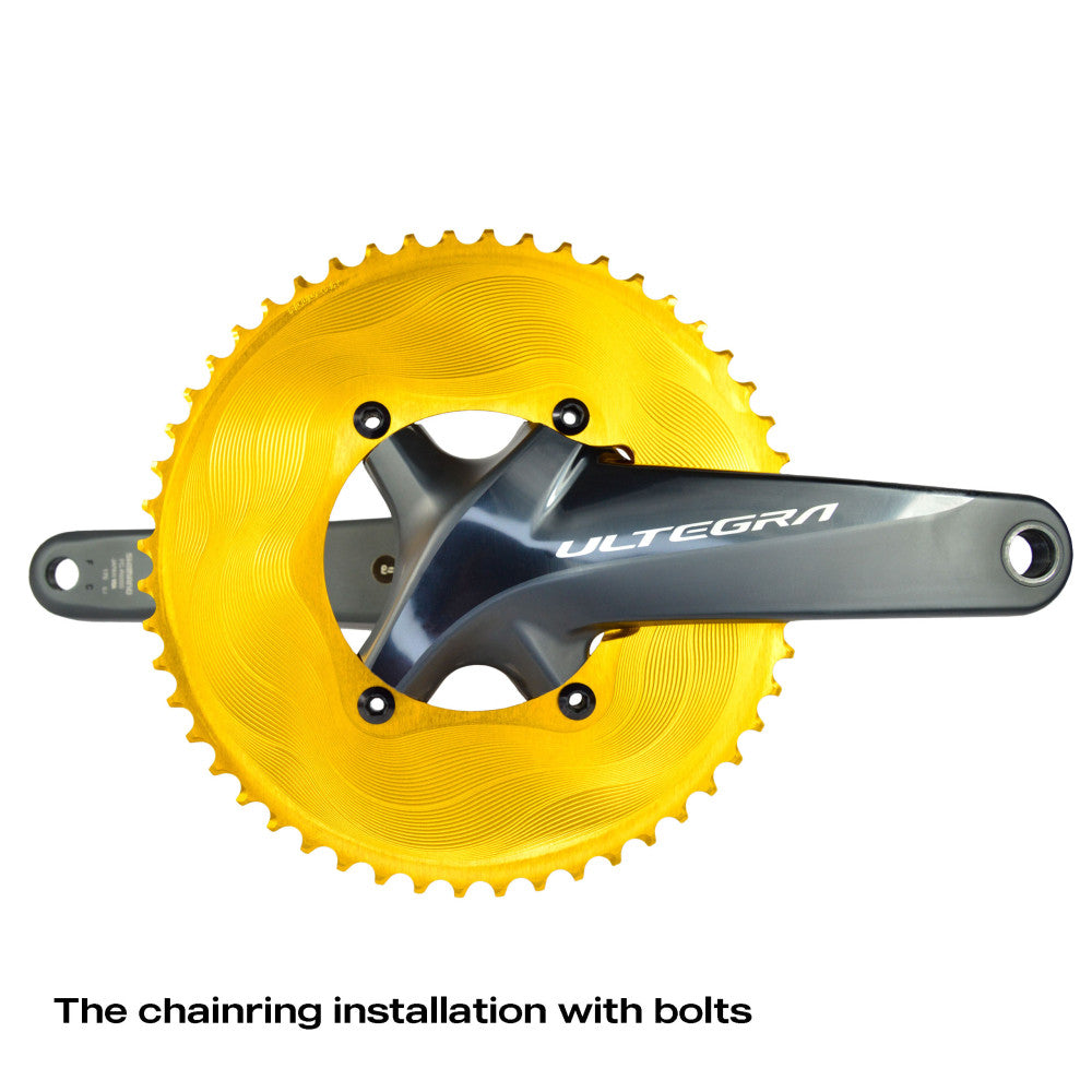 Gold anodized ALUGEAR AERO outer road chainring on Shimano Ultegra crank with bolt mounting, 110 BCD 4-bolt asymmetric
