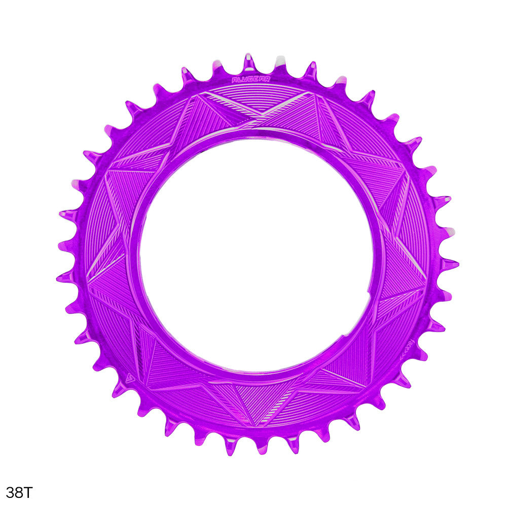Purple anodized ALUGEAR round AERO thread-mount 1X MTB chainring, 38T, geometric triangle pattern, narrow-wide teeth