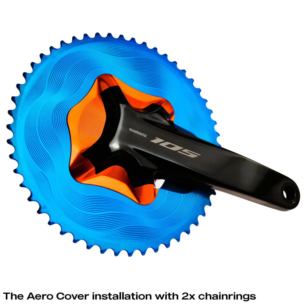 Blue ALUGEAR aero cover installed on Shimano 105 R7100 crank with blue outer round chainring, 2x setup