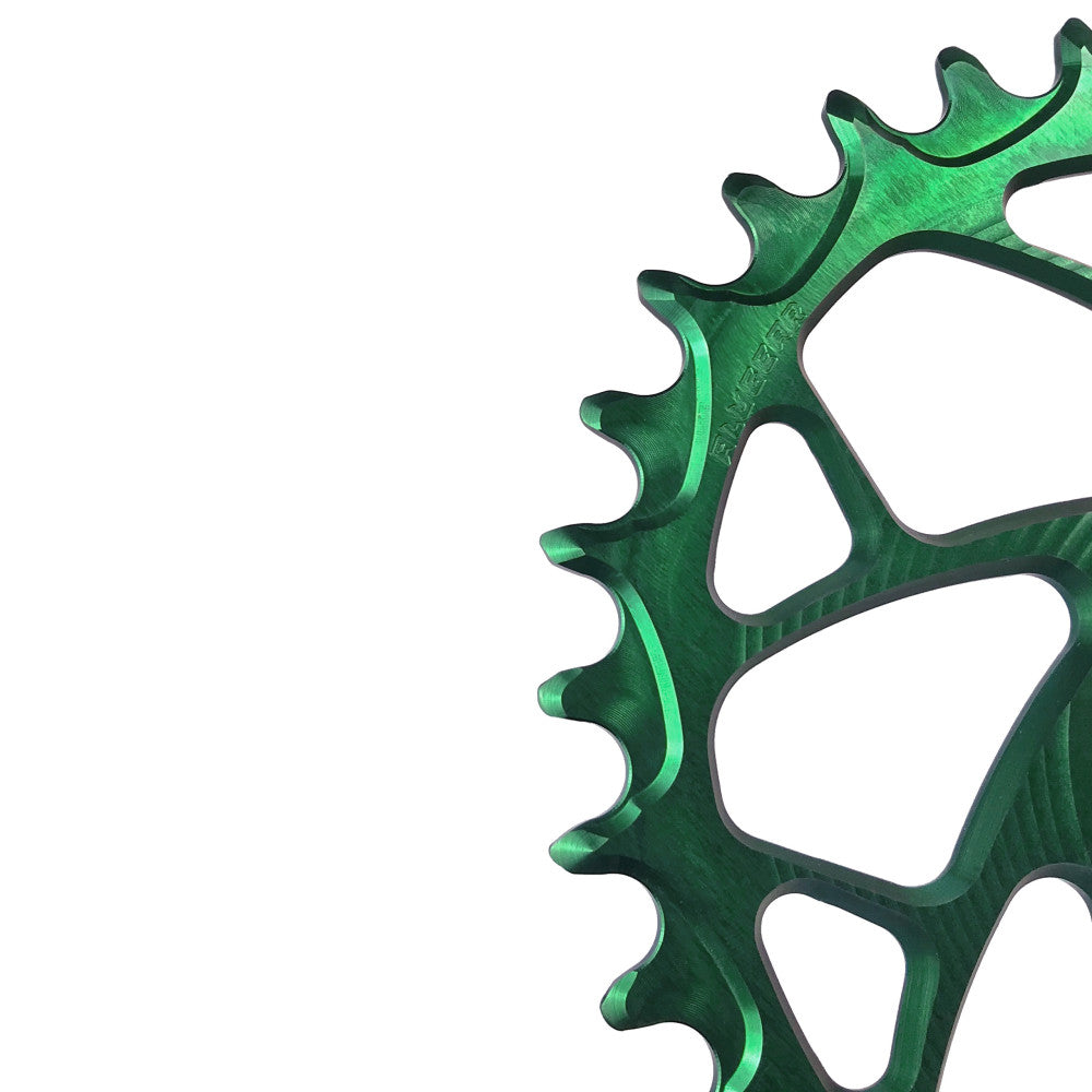 Green anodized ALUGEAR round narrow-wide MTB chainring close-up showing teeth detail, SRAM 3-bolt direct-mount