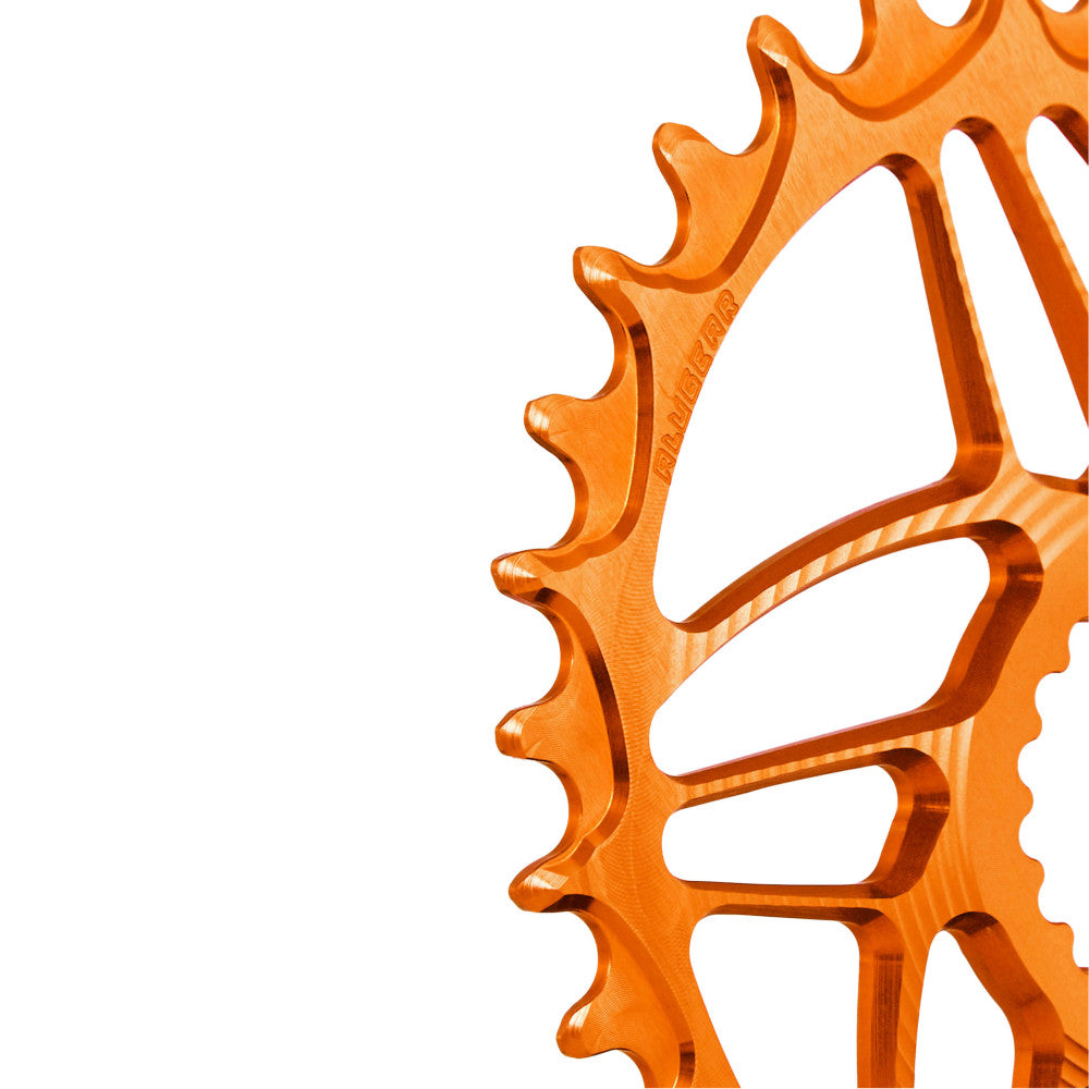 Green anodized ALUGEAR MTB chainring, Cannondale Hollowgram direct-mount, macro close-up of narrow-wide teeth