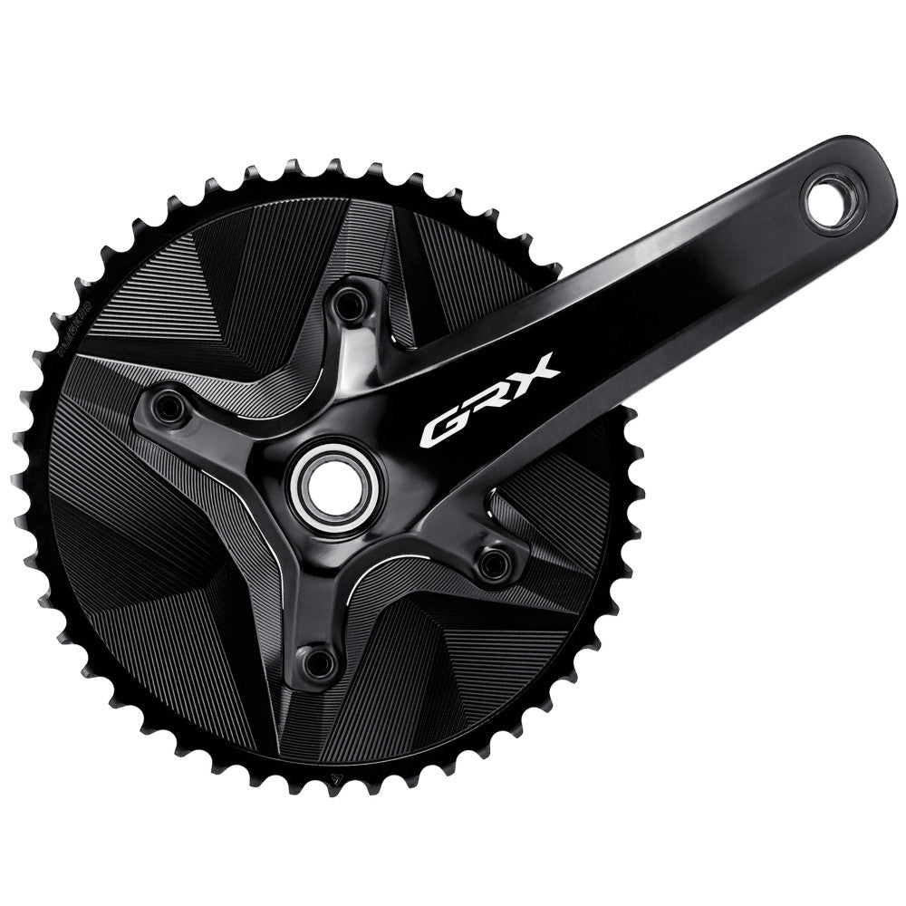 Black round ALUGEAR outer chainring installed on Shimano GRX crank, AERO wave-finish face, front view