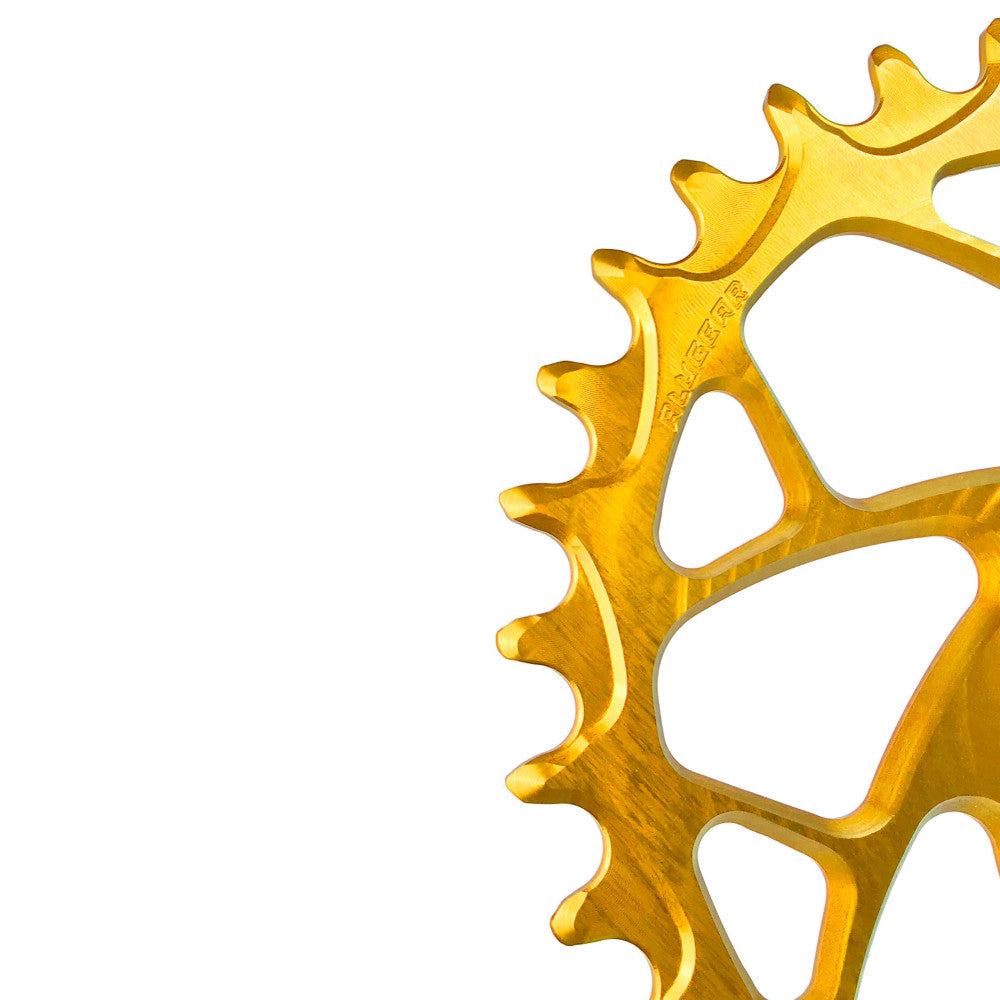Gold anodized ALUGEAR round narrow-wide MTB chainring close-up showing teeth detail, SRAM 3-bolt direct-mount