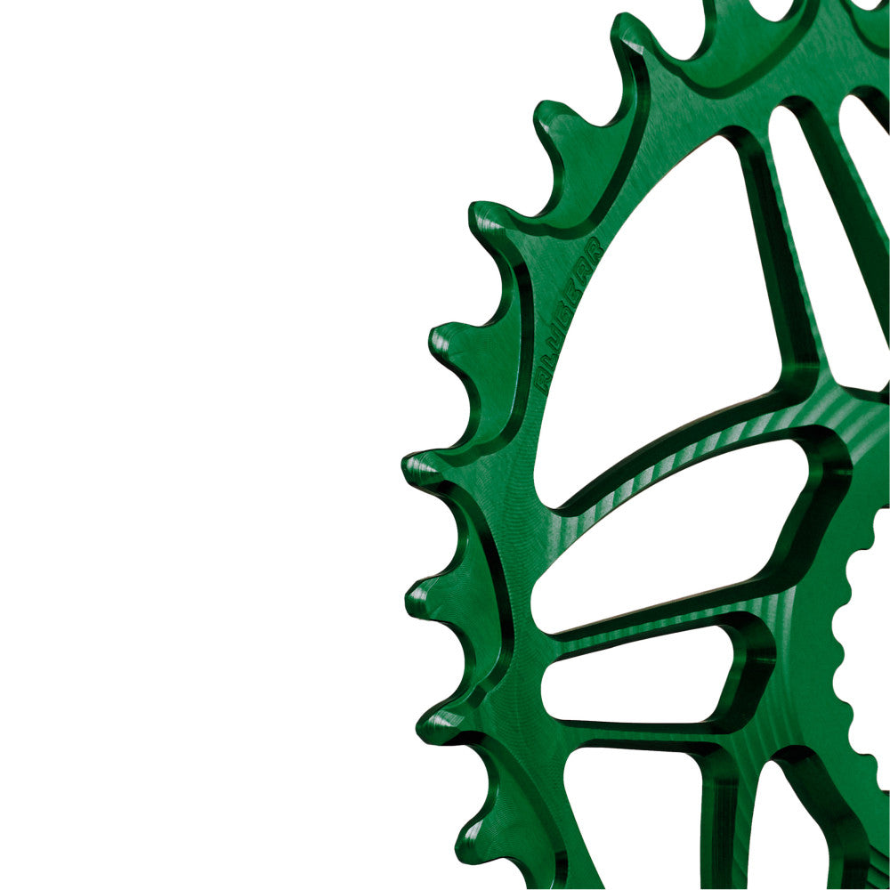 Gold anodized ALUGEAR MTB chainring, Cannondale Hollowgram direct-mount, macro close-up of narrow-wide teeth