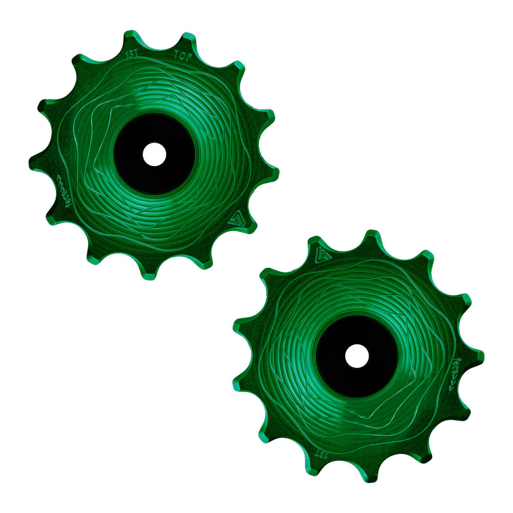 Para zielonych anodowanych rolek tylnej przerzutki AERO MTB ALUGEAR, 13T+13T, Shimano 12-rzędowy, lico z falistym frezowaniem