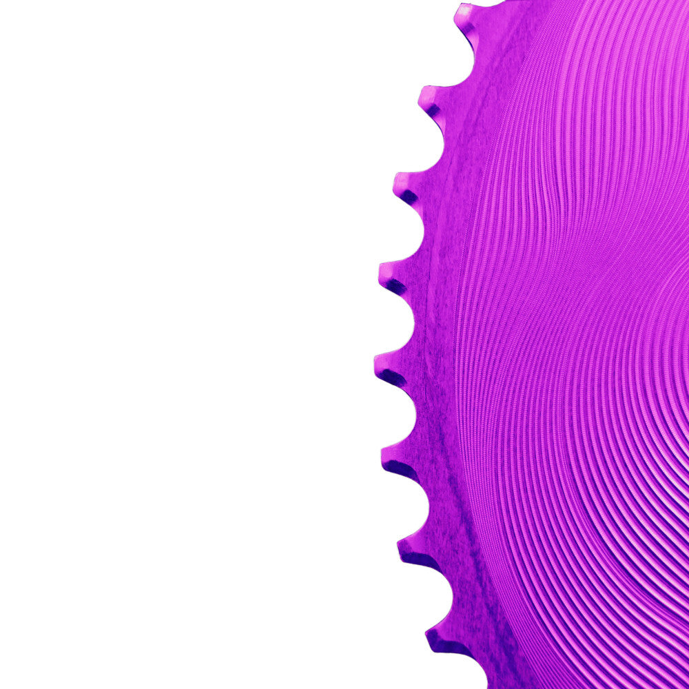 Purple anodized ALUGEAR AERO round road chainring close-up teeth detail, 110 BCD 4-bolt Shimano asymmetric
