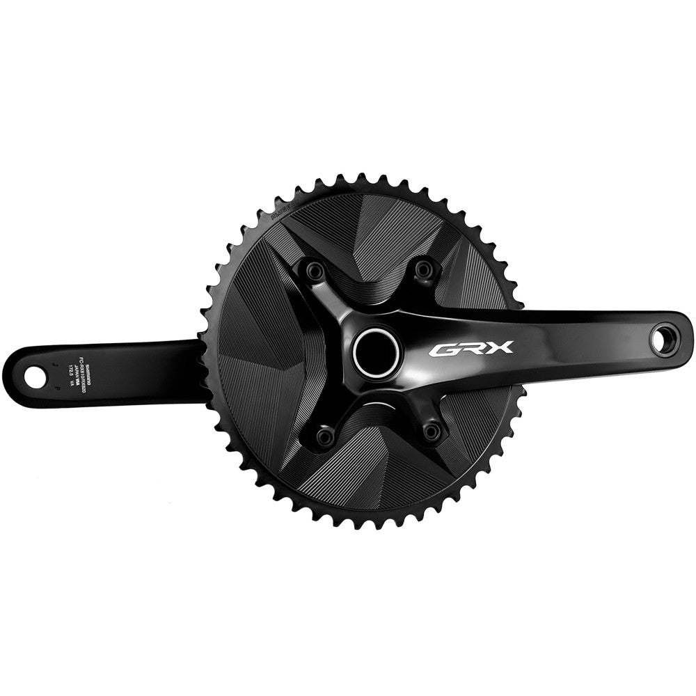 Black round ALUGEAR AERO outer chainring installed on Shimano GRX crank, front installed view