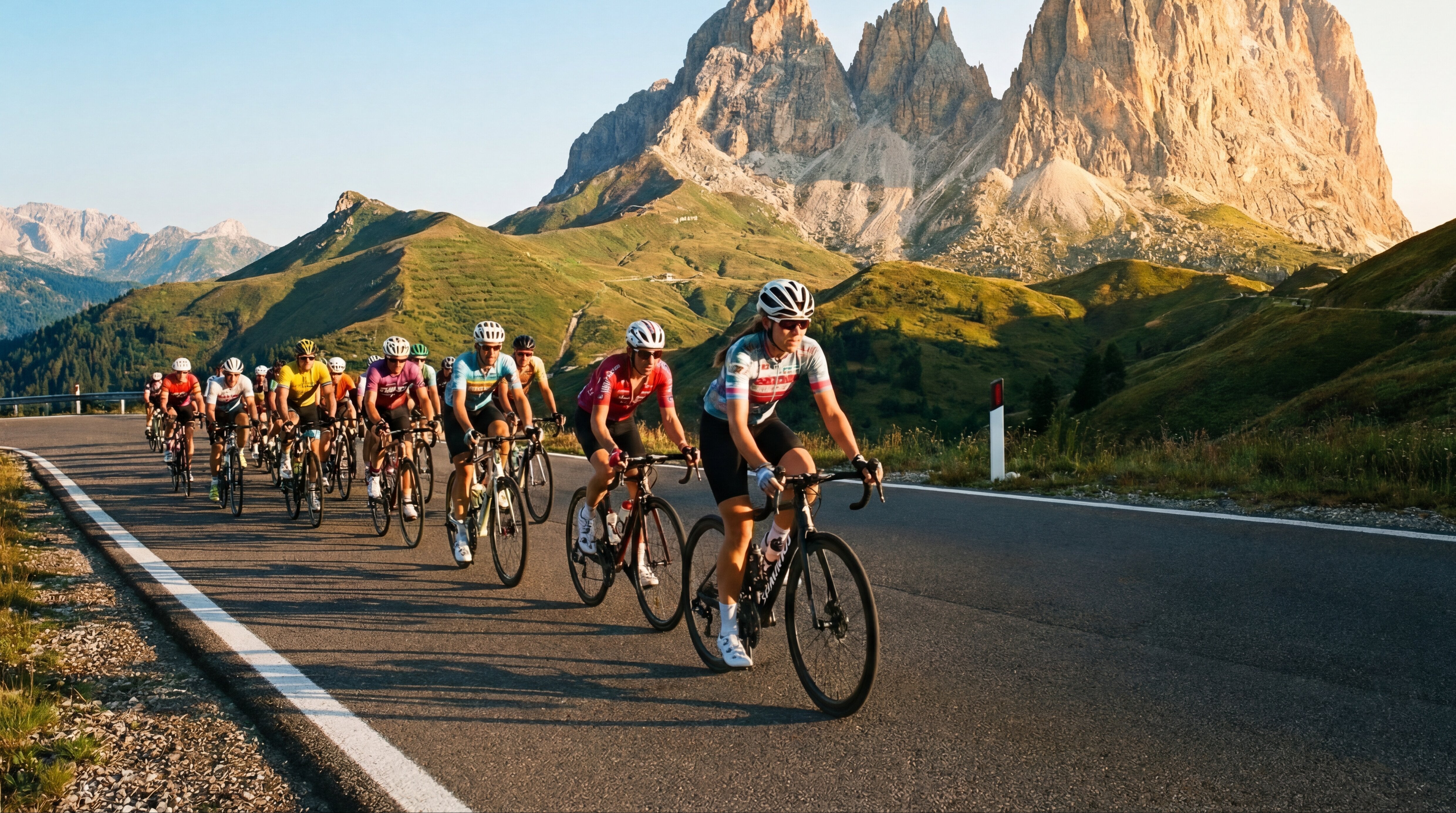 Group of road cyclists climbing mountain pass at sunset, ALUGEAR road cycling category