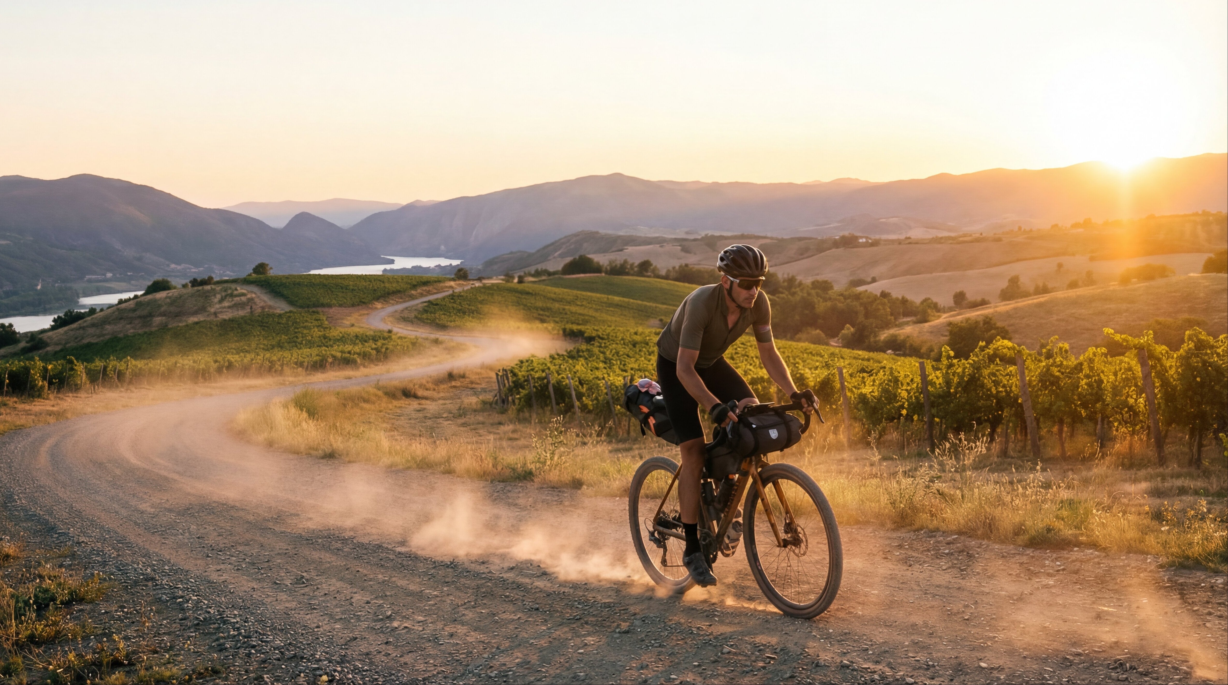 Solo cyclist riding gravel road through vineyard at golden hour, ALUGEAR gravel cycling category