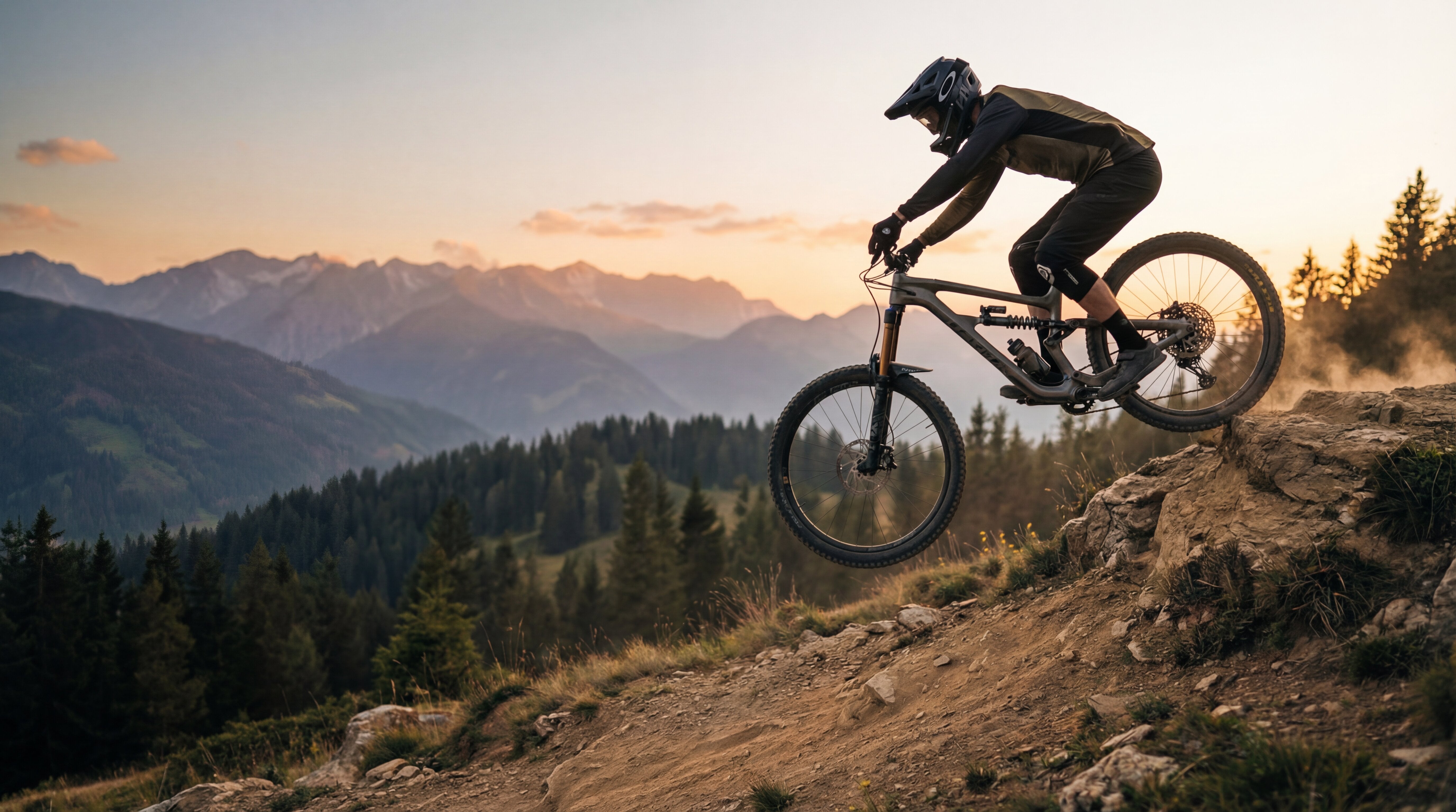 MTB rider launching off rocky drop with mountain panorama at sunset, ALUGEAR MTB category