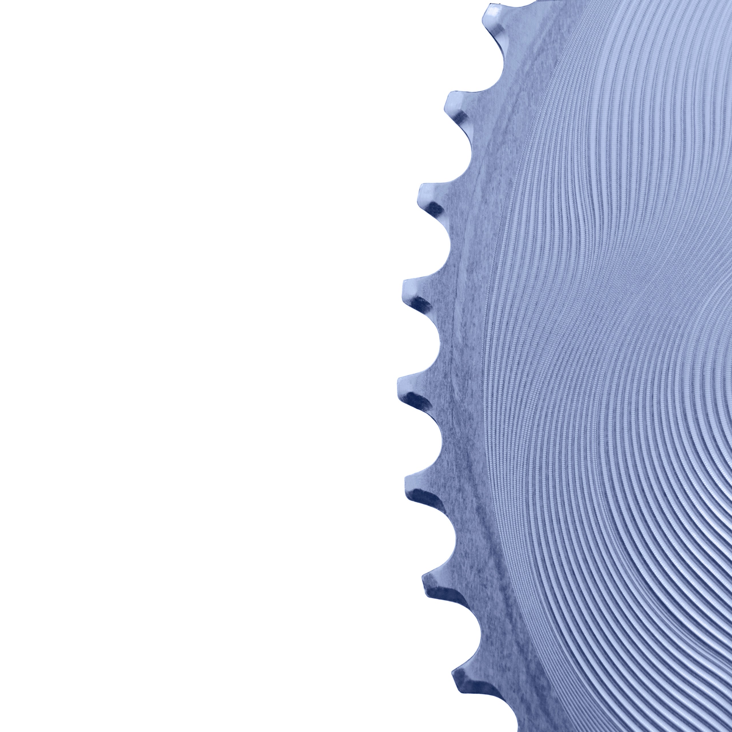 Steel blue ALUGEAR AERO road chainring close-up, round, machined concentric wave finish, 110 BCD 4-bolt Shimano 12-speed