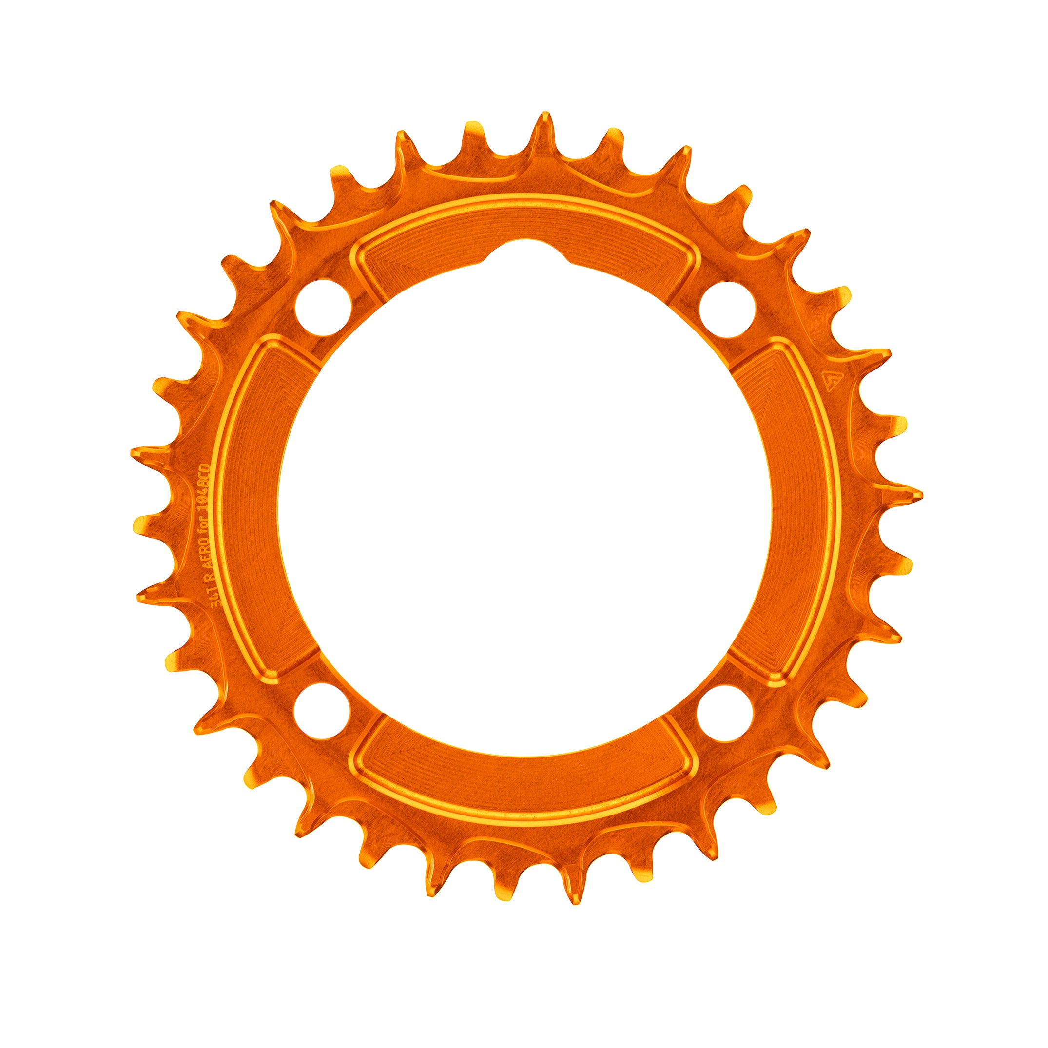 Orange anodized ALUGEAR round AERO MTB chainring backside, 104 BCD 4-bolt, smooth AERO disc body with contour lines