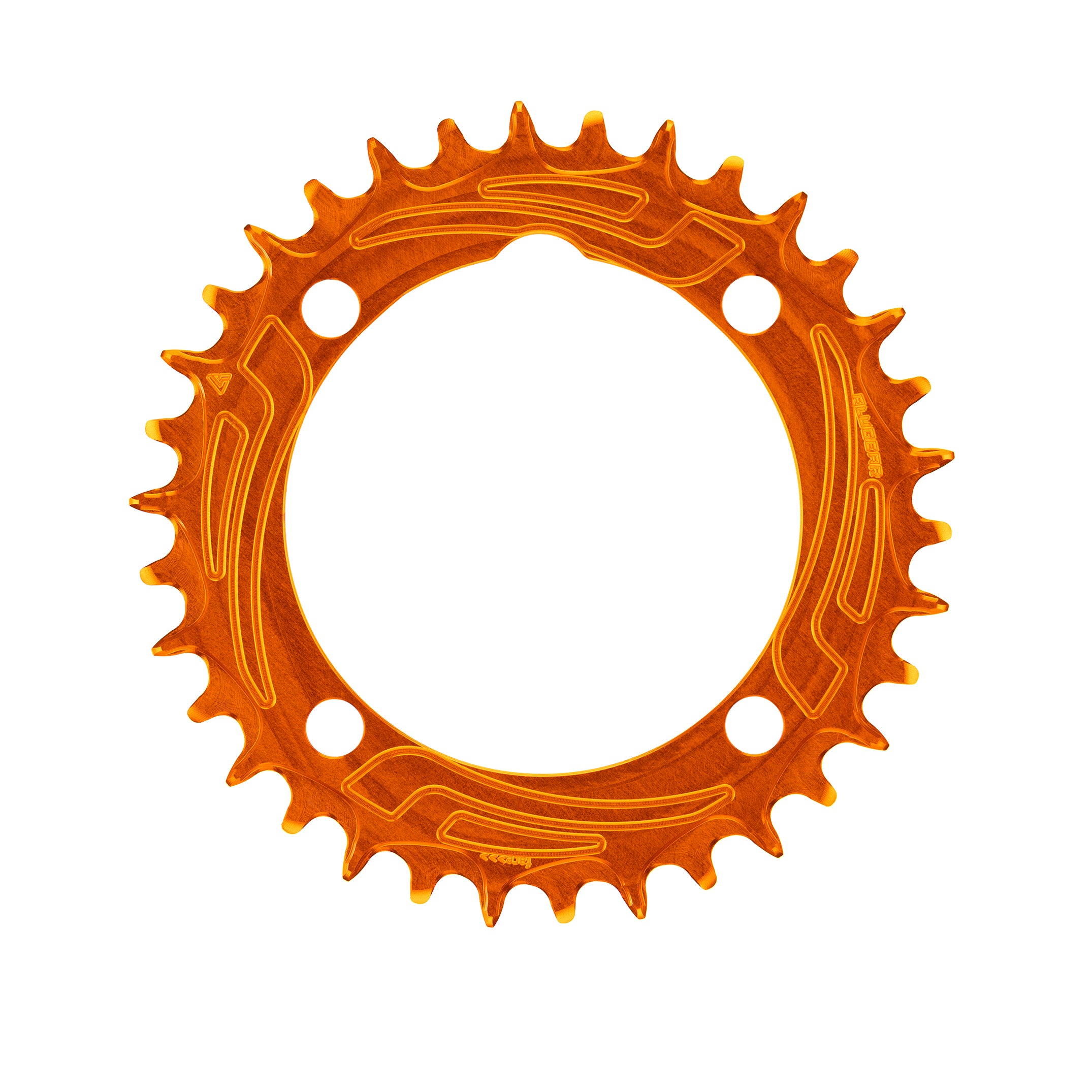 Orange anodized ALUGEAR round AERO MTB chainring, 104 BCD 4-bolt, wave-pattern disc body, narrow-wide teeth, front view
