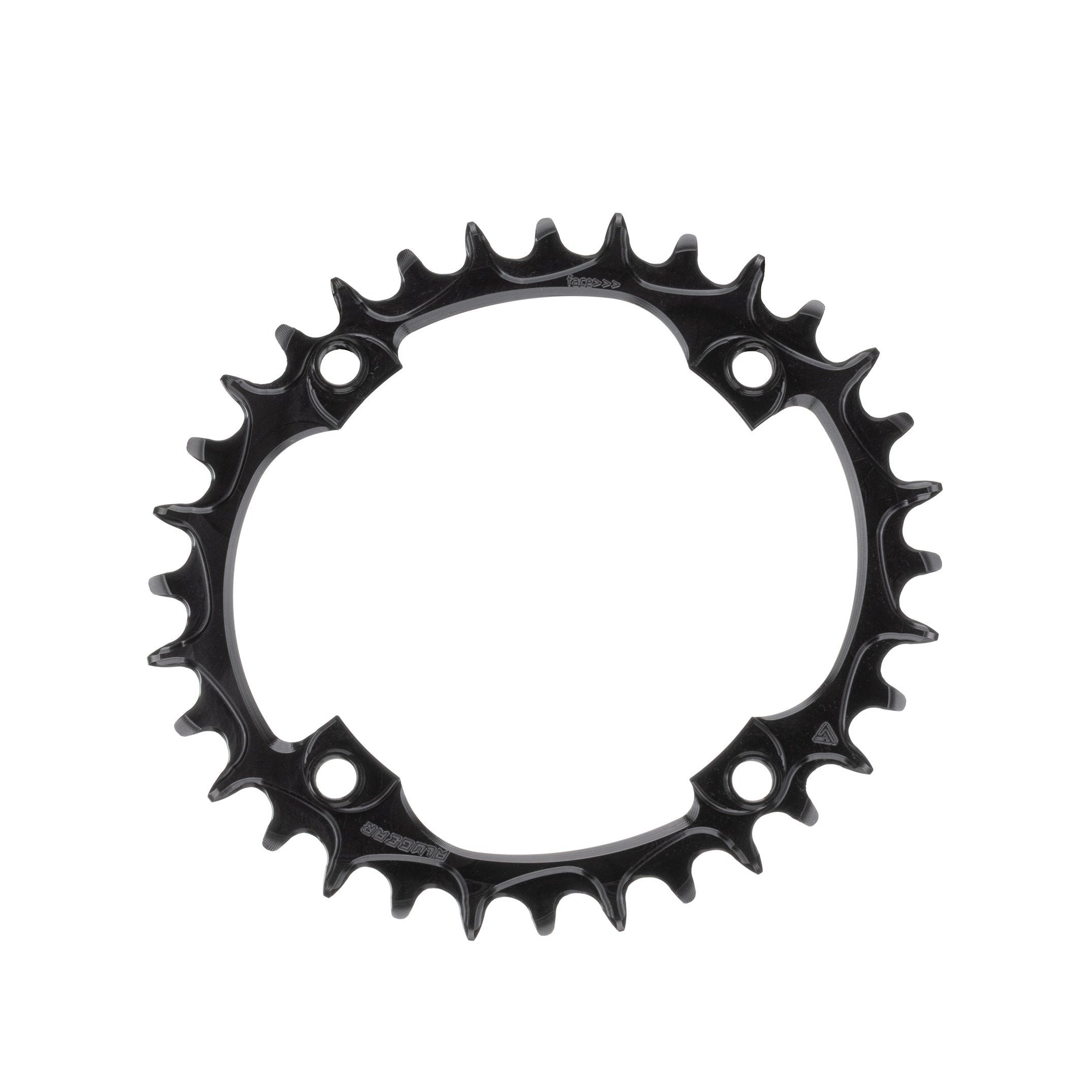 Black oval ALUGEAR MTB chainring, 104 BCD 4-bolt, narrow-wide teeth, ALUGEAR branding, front view