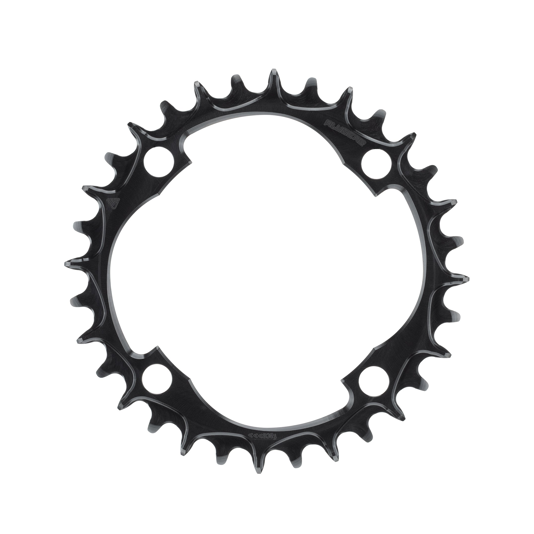 Blue anodized ALUGEAR round MTB chainring, 104 BCD 4-bolt, slot cut-outs, narrow-wide teeth, front view