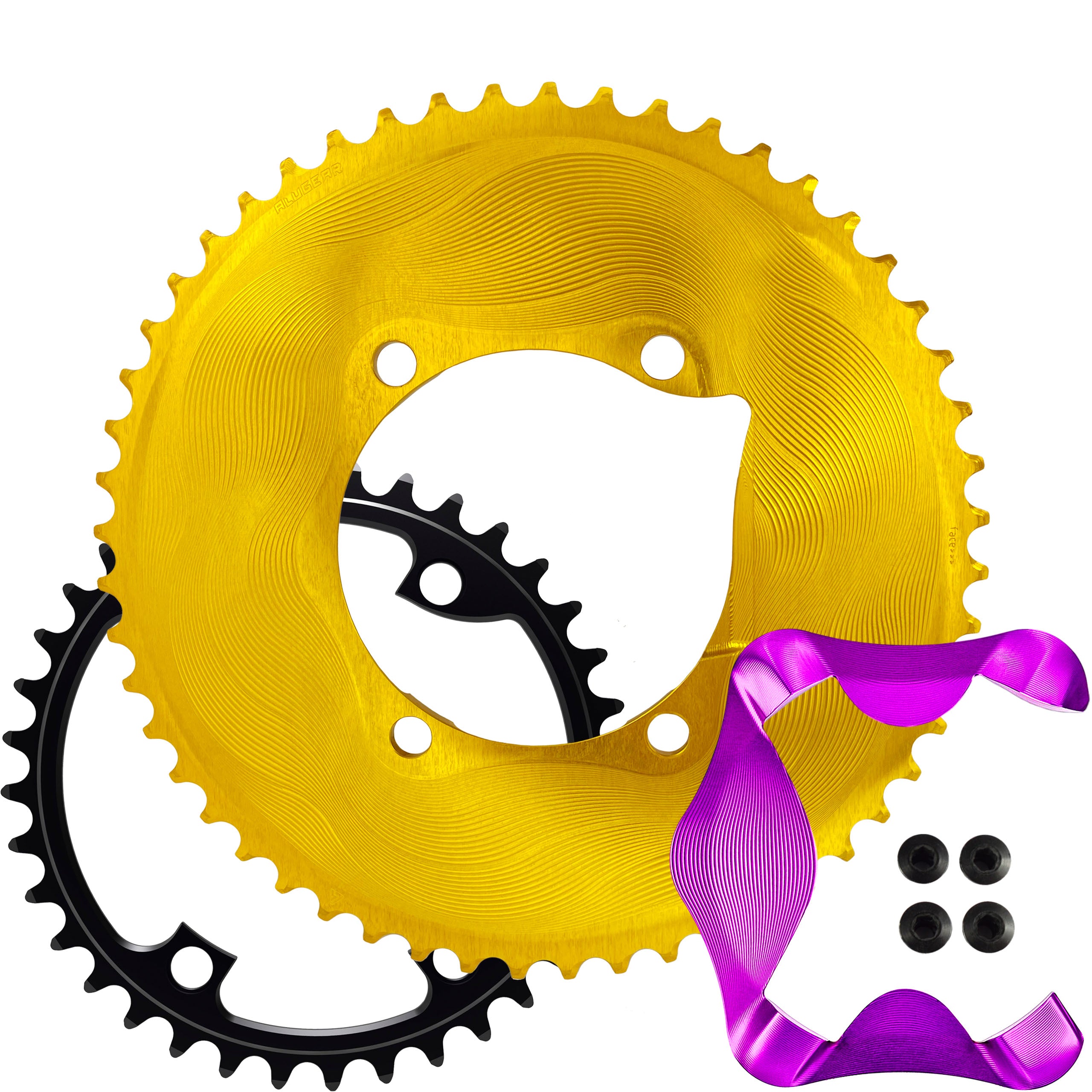 Gold ALUGEAR AERO upgrade kit for Shimano R9100 2x11-speed: outer chainring, black inner, purple AERO cover and bolts