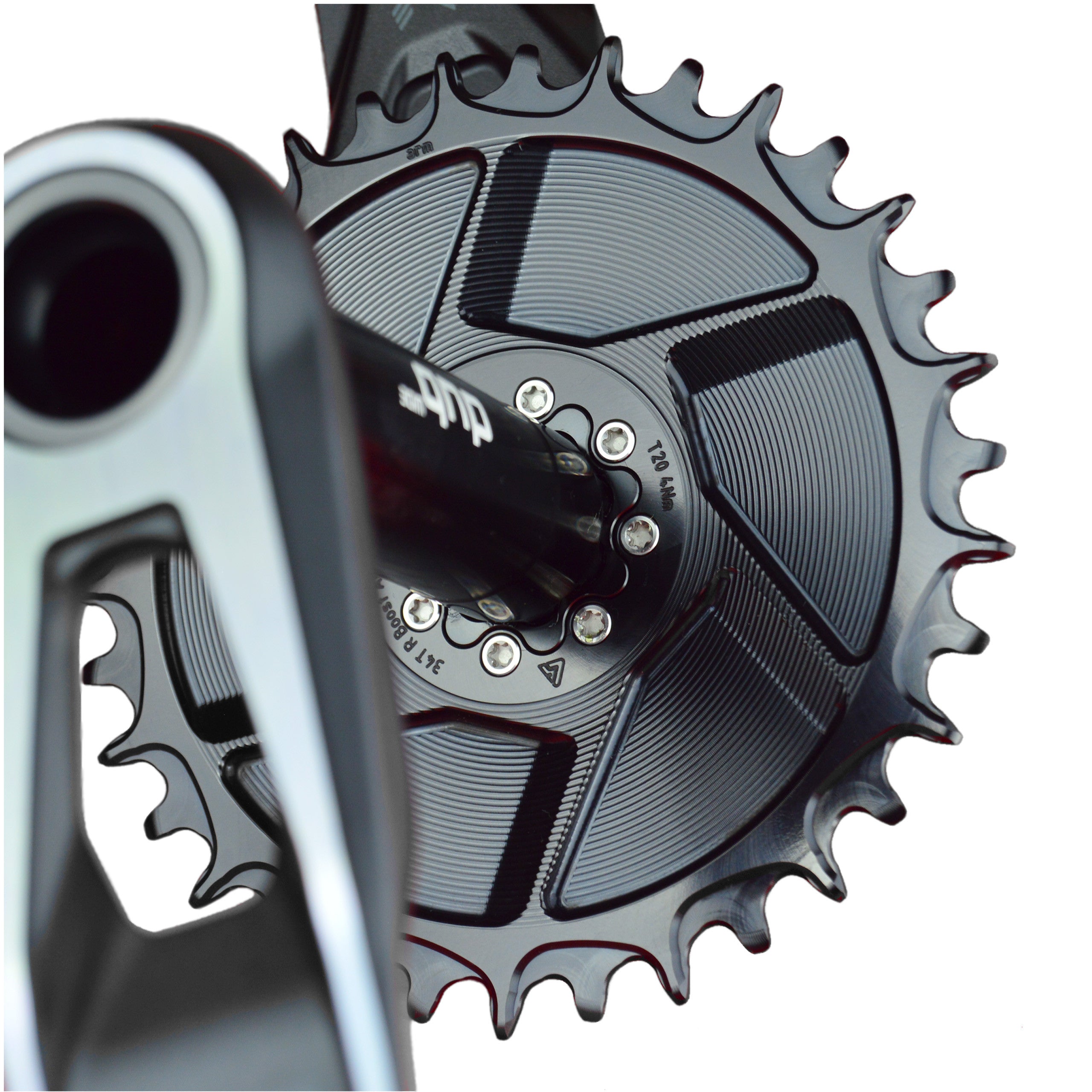 Czarna okrągła wewnętrzna zębatka ALUGEAR 2x zamontowana na korbie SRAM 8-bolt direct-mount, grawer 34T