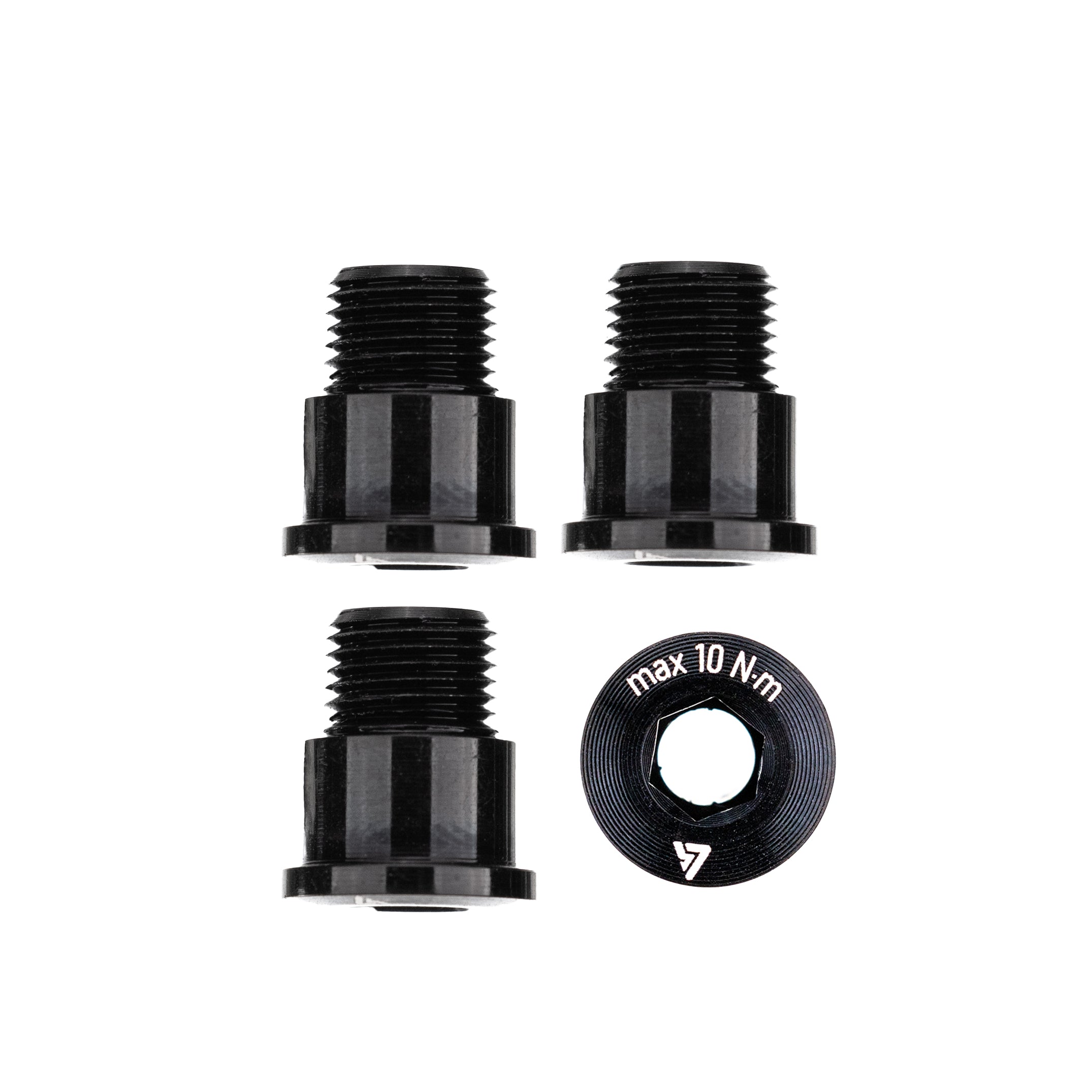 Set of 3 black anodized ALUGEAR threaded cover bolts with spacer ring, max 10 N-m torque marking, for chainring cover