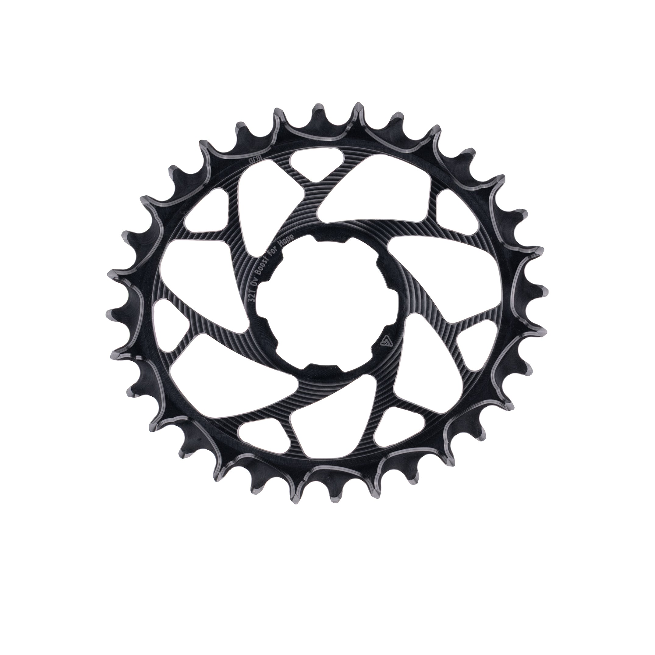 Black ALUGEAR oval narrow-wide MTB chainring backside view engraved 32T, Hope direct-mount Boost offset 6mm