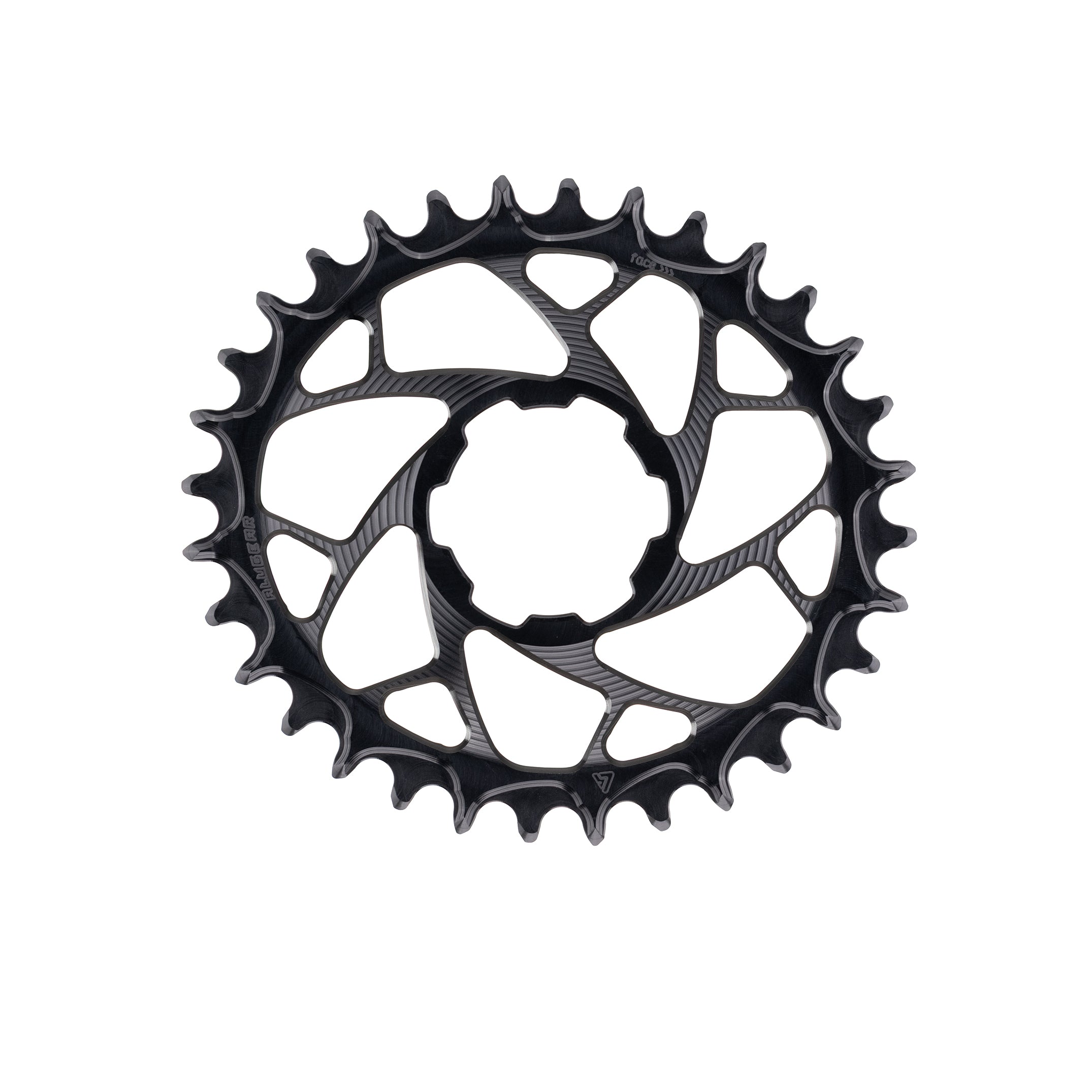 Black ALUGEAR oval narrow-wide MTB chainring with 6-arm spiral cut-out spider, Hope direct-mount offset 6mm