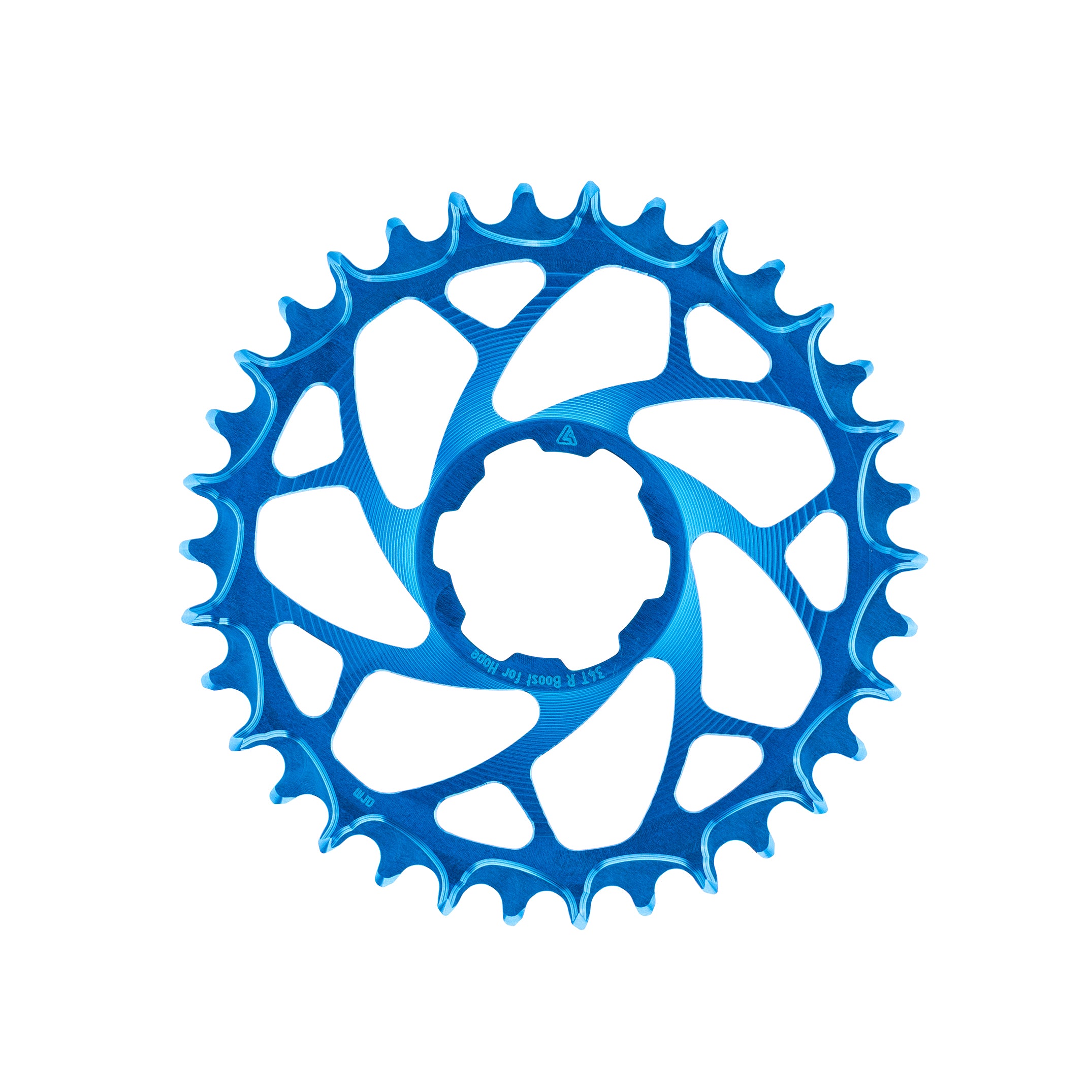 Blue anodized ALUGEAR round narrow-wide MTB chainring backside view engraved 34T, Hope direct-mount Boost offset 6mm