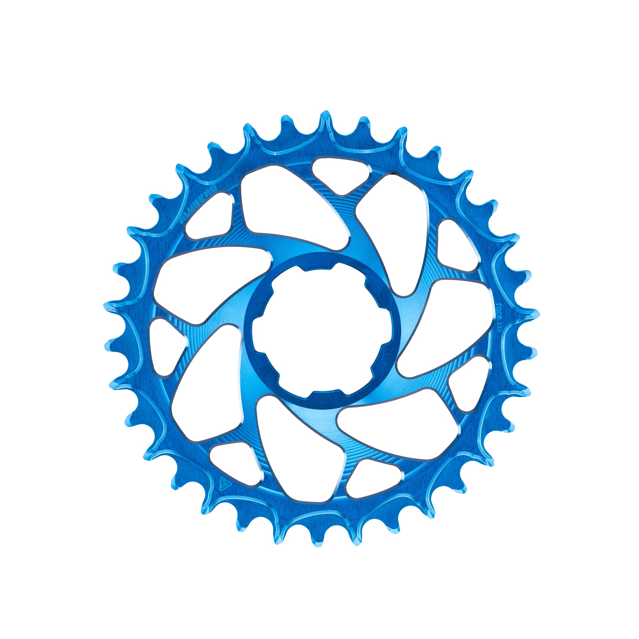 Blue anodized ALUGEAR round narrow-wide MTB chainring with 6-arm spiral cut-out spider, Hope direct-mount offset 6mm